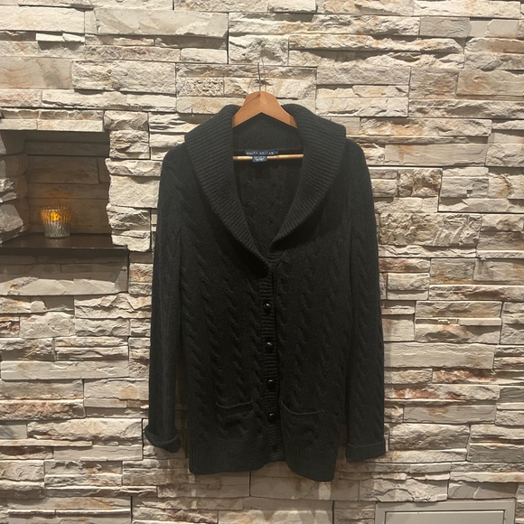 Ralph Lauren  Men’s Cable Knit Shawl  Collar Cardigan Sweater, Dark Grey, L - Picture 3 of 6